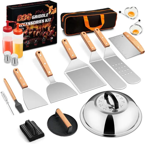 Miniatura 9 de 18 piezas de kit de accesorios para parrilla de Joyfair, juego de accesorios para parrilla de parte superior plana con prensa para hamburguesas