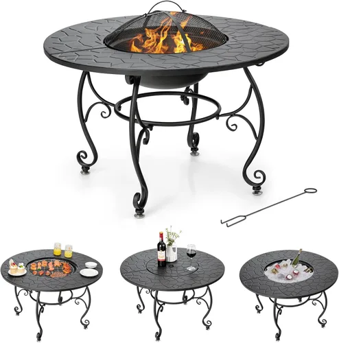 Tangkula Mesa para fogata al aire libre, 4 en 1 de 36 pulgadas redonda para barbacoa de jardín con tapa, hoguera de leña para patio exterior,
