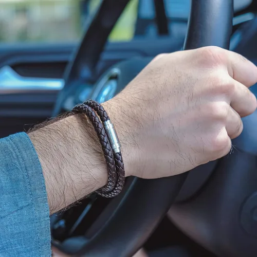 Miniatura 3 de Pulsera de cuero trenzada con cierre magnético de acero inoxidable para hombre, pulsera de cuero auténtico con cierre magnético
