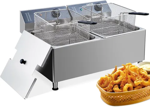 Freidora comercial doble de 3400 W, freidora de encimera de acero inoxidable 201 con 2 cestas ajustables, tapas protectoras contra salpicaduras y