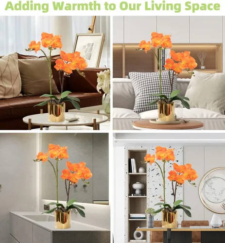 Miniatura 4 de CXGS Planta de orquídeas artificiales de tacto real, orquídeas falsas en jarrón de cerámica, naranja, 19.7 pulgadas, arreglo floral falso