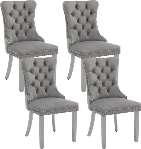 Miniatura 101 de Shenyon Juego de 2 Sillas de Comedor de Terciopelo Gris, Sillas de Comedor Tapizadas con Ribete de Anilla Trasera y Patas de Madera Maciza, Sillas