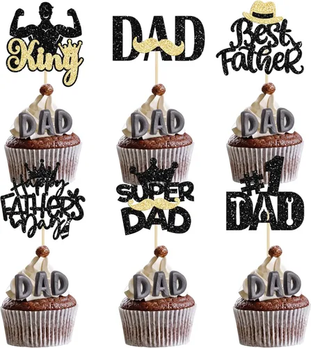 Gyufise 24 adornos para cupcakes con purpurina para el Día del Padre, diseño de bigote con purpurina, para papá, mejor papá, herramienta de