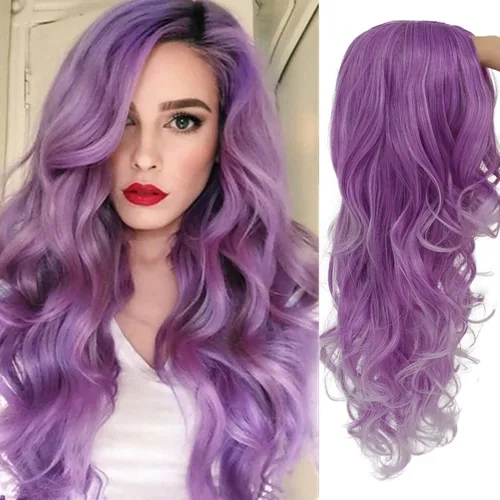 Miniatura 9 de Peluca larga y rizada ondulada gris plateado a morado con parte lateral de aspecto natural sintético Cosplay peluca para mujeres Astilla a Púrpura