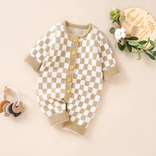 Miniatura 3 de Gueuusu Mameluco de punto para bebé, niña, niño, suéter de punto, overol con estampado de cuadros de ajedrez, manga larga, con botones