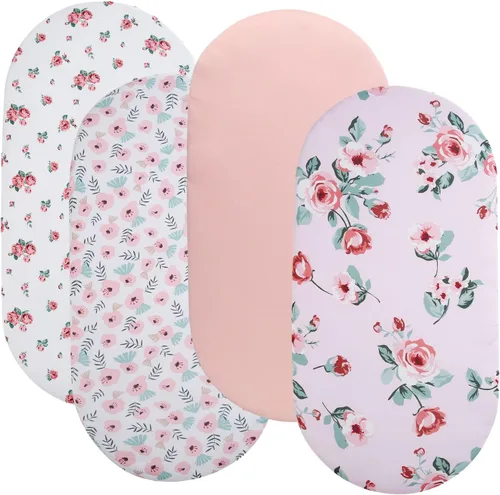Miniatura 9 de Juego de 4 sábanas de moisés compatibles con Halo Bassinest Swivel, Flex, Glide, Premiere & Luxe Series Sleeper, elásticas, ultra suaves, floral/rosa