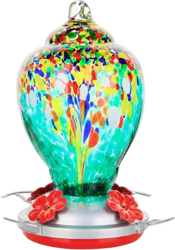 Miniatura 11 de WOSIBO Comedero para colibríes para exteriores, patio, grande, 32 onzas, comedero para colibríes de vidrio soplado a mano colorido con foso