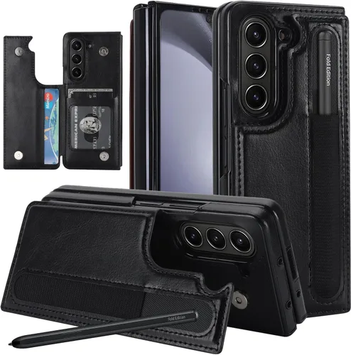 Funda tipo cartera para Samsung Galaxy Z Fold 5 con soporte para tarjeta de crédito y soporte para S-Pen, funda protectora resistente de cuero con