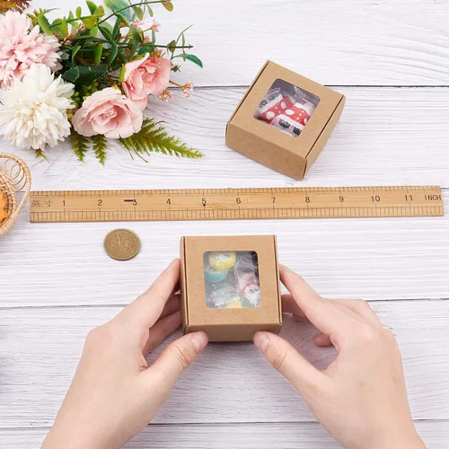 Miniatura 3 de BENECREAT 30 paquetes de cajas cuadradas de papel kraft marrón de 2.5 x 2.5 x 1.2 pulgadas, cajas de regalo con ventana transparente para regalos