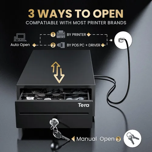 Miniatura 4 de Tera Cajón de caja registradora 8 "Mini: 4 billetes 6 monedas pequeño cajón de efectivo abierto automático con ranura para medios 24V Cable RJ12