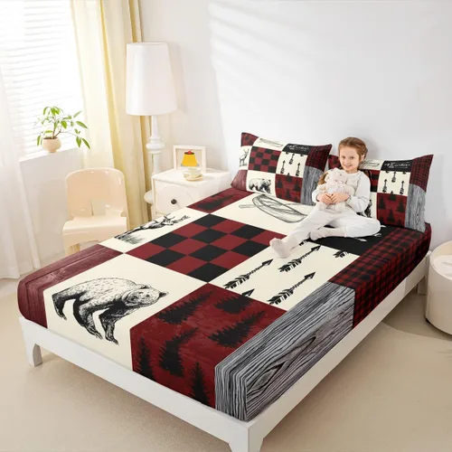 Miniatura 8 de Rustic Lodge - Juego de sábanas tamaño individual con diseño de oso y alce, diseño de retazos, color rojo y negro, a cuadros, ropa de cama de Multi