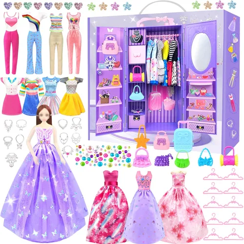 65 piezas de ropa y accesorios para muñecas con armario de muñecas para muñecas de 11.5 pulgadas, conjunto de vestido de muñeca con 1 vestido de