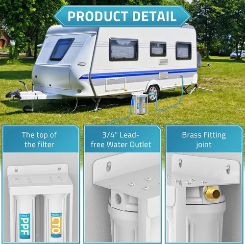 Miniatura 3 de PAULINN Sistema de Filtros de Agua Dobles Externos para RV, Filtro de Agua para Caravana Libre de Plomo y BPA con Accesorios de Latón y Soporte