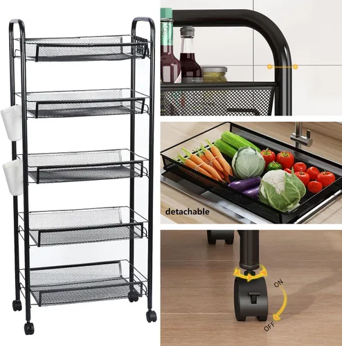 Miniatura 6 de Cesta de almacenamiento de frutas y verduras, carrito de almacenamiento de 5 niveles, organizador de verduras de malla metálica apilable con ruedas