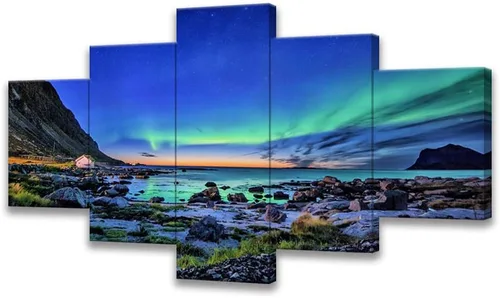 Aurora Borealis - Lienzo decorativo para pared para dormitorio, 5 piezas de luces del norte verdes, paisaje, pintura enmarcada para decoración del