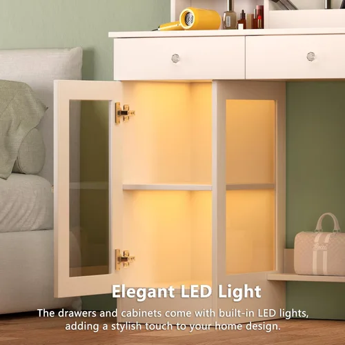 Miniatura 6 de KDCAS Escritorio pequeño con espejo y luces, escritorio de maquillaje con parte superior de vidrio transparente y almacenamiento, tocador blanco