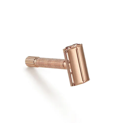Miniatura 7 de VIKINGS BLADE Maquinilla de afeitar de seguridad para mujer + 5 cuchillas de acero suecas. Cabezal de liberación rápida, doble filo. Suave, Oro rosa
