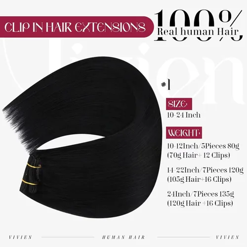 Miniatura 2 de Vivien Extensiones de cabello humano con clip, color negro azabache, extensiones de cabello humano real con pinzas invisibles, doble trama, 14
