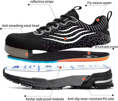 Miniatura 6 de Zapatos de punta de acero para hombres y mujeres, zapatos de seguridad ligeros, cómodos y acolchados, zapatos de trabajo indestructibles