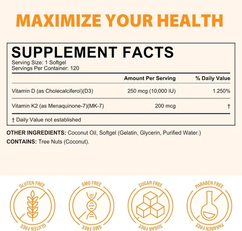 Miniatura 4 de flasture Suplemento de Vitamina D3 K2 en Cápsulas Blandas, 10000 UI de VIT D3 + 200 MCG de K2 (MK-7) Fórmula 2-en-1 para Reposición con Aceite