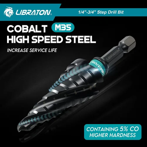 Miniatura 6 de LIBRATON Juego de brocas con paso de flauta en espiral, M35 cobalto Unibit 1/4"-3/4", brocas escalonadas revestidas AlTiN, cuatro flautas