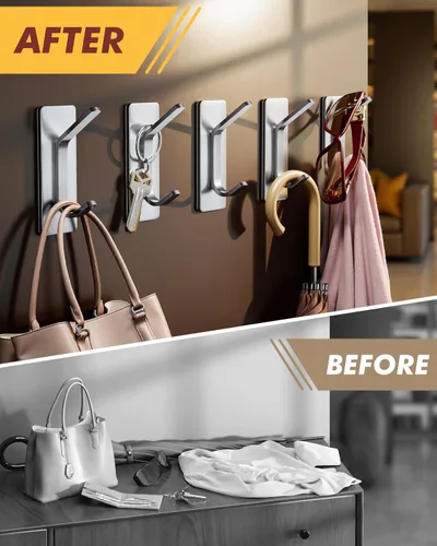 Miniatura 7 de Auxmir Ganchos autoadhesivos resistentes de 15 libras, paquete de 5 ganchos de pared de acero inoxidable para abrigos, toallas, batas, impermeables