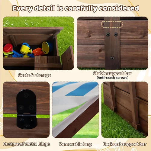 Miniatura 6 de Caja de arena de madera para niños con identificación, caja de arena con caja de almacenamiento de juguetes, equipo de juego para niños, forro