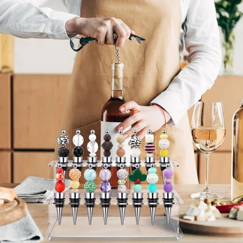Miniatura 5 de Menkxi 2 tapones para botellas de vino, escaleras, 16 ranuras, acrílico transparente, 2 niveles, soporte para tapón de vino, soporte de exhibición