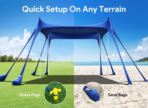 Miniatura 6 de Osoeri Beach Tent, Camping Sun Shelter UPF50+ with 8 Sandbags, Sand Shovels, Ground Pegs & Stability Poles, Outdoor Shade Beach Canopy for Camping