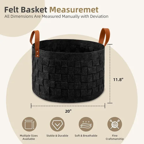 Miniatura 4 de BOLDMONKEY Cesta de lavandería de 20 x 20 x 11.8 pulgadas, canasta redonda grande para manta con asa de cuero, cesta de almacenamiento de fieltro