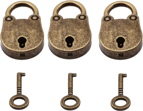 Miniatura 4 de Candado de bronce de estilo antiguo vintage de 3 piezas, pequeño candado de metal estilo arcaize, con llave para caja de joyería, caja