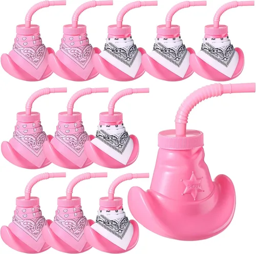 Gerrii 12 tazas de sombrero de vaquero con tapas y pajitas, vasos de plástico de 10 onzas para fiestas temáticas occidentales con mini bandanas para
