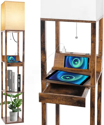 Miniatura 10 de Lámpara de pie RUNTOP Plus con estantes, lámpara de estante con bombilla LED de 15W, 3 colores, función de memoria, estante de exhibición ancho