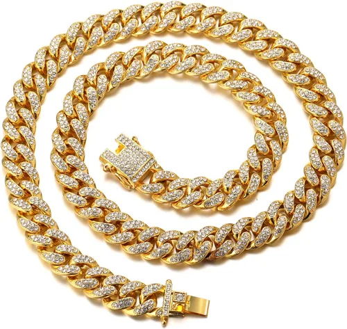 Halukakah HOLLYWOOF - Collar de perro – Cadena de eslabones cubanos chapada en oro, lujoso auricular de diamantes y 0.551 in de grosor, tamaño 24