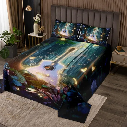 Miniatura 8 de Homewish Colcha de guitarra roja tamaño individual, juego de ropa de cama de música Hip Pop para decoración de habitación de niños y niñas, juego