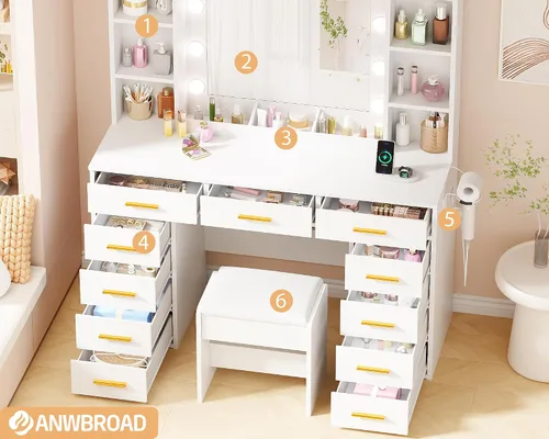 Miniatura 2 de Mesa de tocador de maquillaje ANWBROAD con espejo y luces, mesa de tocador blanca con toma de corriente, 11 cajones, 9 estantes, 3 modos