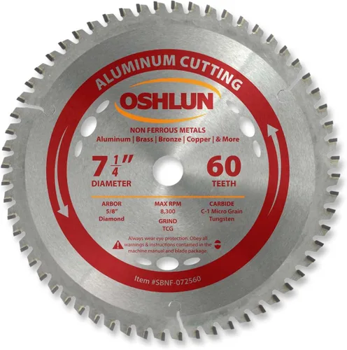 Oshlun SBNF-072560 Hoja de sierra TCG de 60 dientes de 7-1/4 pulgadas con eje de 5/8 pulgadas (diamante Knockout) para aluminio y metales no ferrosos