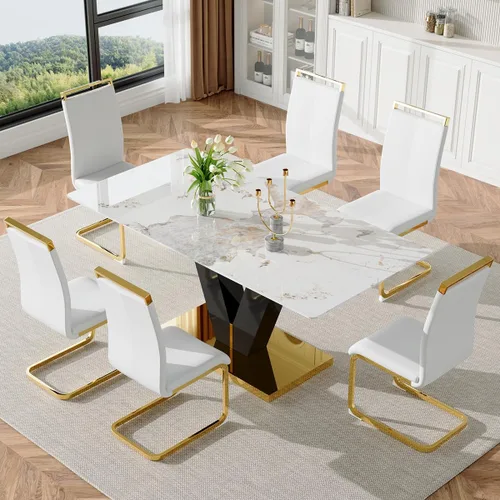 Miniatura 9 de Juego de mesa de comedor para mesa de comedor de mármol de 6,71 pulgadas, mesa de cocina moderna con 6 sillas de piel sintética, juego de mesa