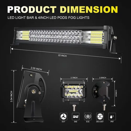 Miniatura 2 de TURBO SII Barra de luz LED de 22 pulgadas, triple fila, 306 W, 30600 lúmenes, haz combinado de inundación, 2 unidades, 4 pulgadas, 60 W, luces LED