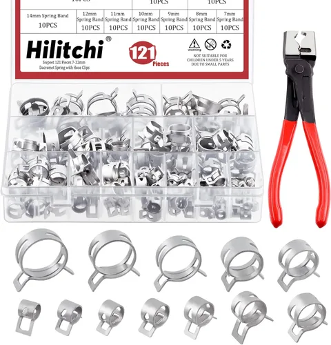 Hilitchi Kit de abrazadera de manguera de banda de resorte de 12 tamaños, 121 unidades, alicates de abrazadera de clip de aire de baja presión de