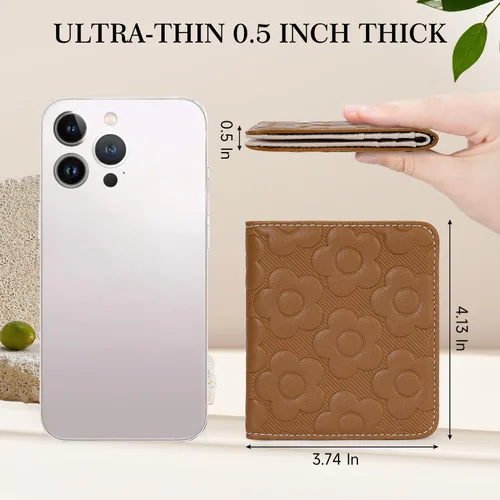 Miniatura 2 de Billetera para mujer, delgada y pequeña, billetera compacta con RFID, plegable, compacta, para mujer, cartera de cuero en relieve 3D con soporte