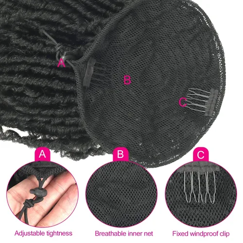 Miniatura 5 de Oseti Dreadlock - Cola de caballo rizada negra con cordón para mujeres negras, accesorios de moño de pétalos cortos con clip en colas de caballo