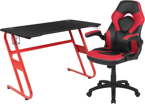 Miniatura 17 de Flash Furniture Juego de escritorio para juegos negro y silla de carreras blanco/negro con soporte para tazas, gancho para auriculares y soporte