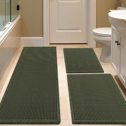 Miniatura 51 de IM HOME Tapete de baño de punto gofre, color caqui, de 24 x 17 pulgadas, tejido bohemio, moderno, absorbente, antideslizante, suave, lavable