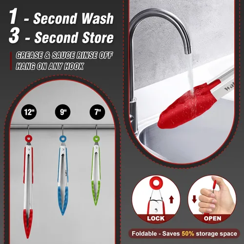 Miniatura 4 de Walfos Pinzas de silicona para cocinar: pinzas de cocina resistentes al calor para ensaladas, cocinar, asar, acero inoxidable y puntas de silicona