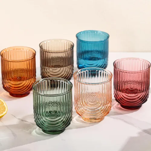 Miniatura 11 de Juego de vasos de bebida verdes vintage, vasos de cóctel transparentes estilo arco de 6 unidades, vasos de vidrio acanalados de 15 onzas, hechos a
