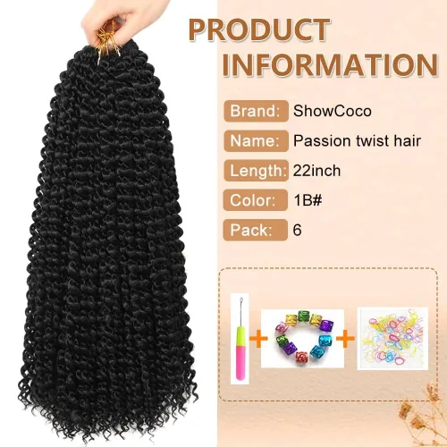 Miniatura 2 de ShowCoco Cabello de estilo Passion Twist de 22 pulgadas, cabello ondulado de ganchillo para mujeres negras, cabello largo bohemio rizado Passion #1B