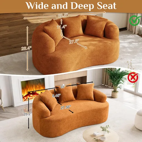 Miniatura 5 de Sofá biplaza de 68.5 pulgadas para sala de estar, moderno sofá de felpa de felpa extra profundo curvado con 3 almohadas para espacios pequeños,