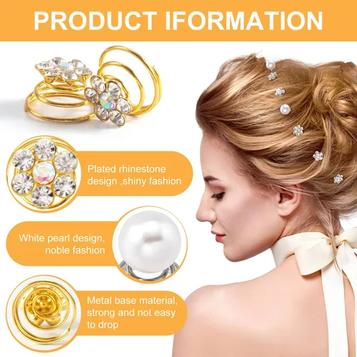 Miniatura 3 de OIIKI 50 clips de joyería para el cabello con diamantes de imitación brillantes – espiral, flor de perla, accesorios decorativos para novia, dama