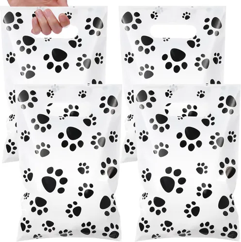 Miniatura 10 de Pasimy 100 bolsas de regalo de pata de perro a granel, diseño de pata de mascota, bolsas de plástico con asa para decoración de fiesta de cumpleaños
